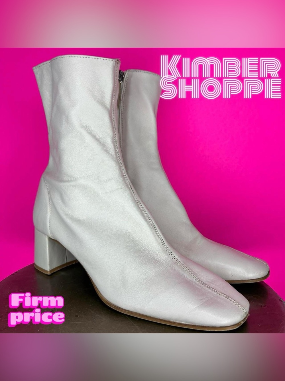 Zara Cream Soft Leather Square Toe Block Heel Boot EU 39